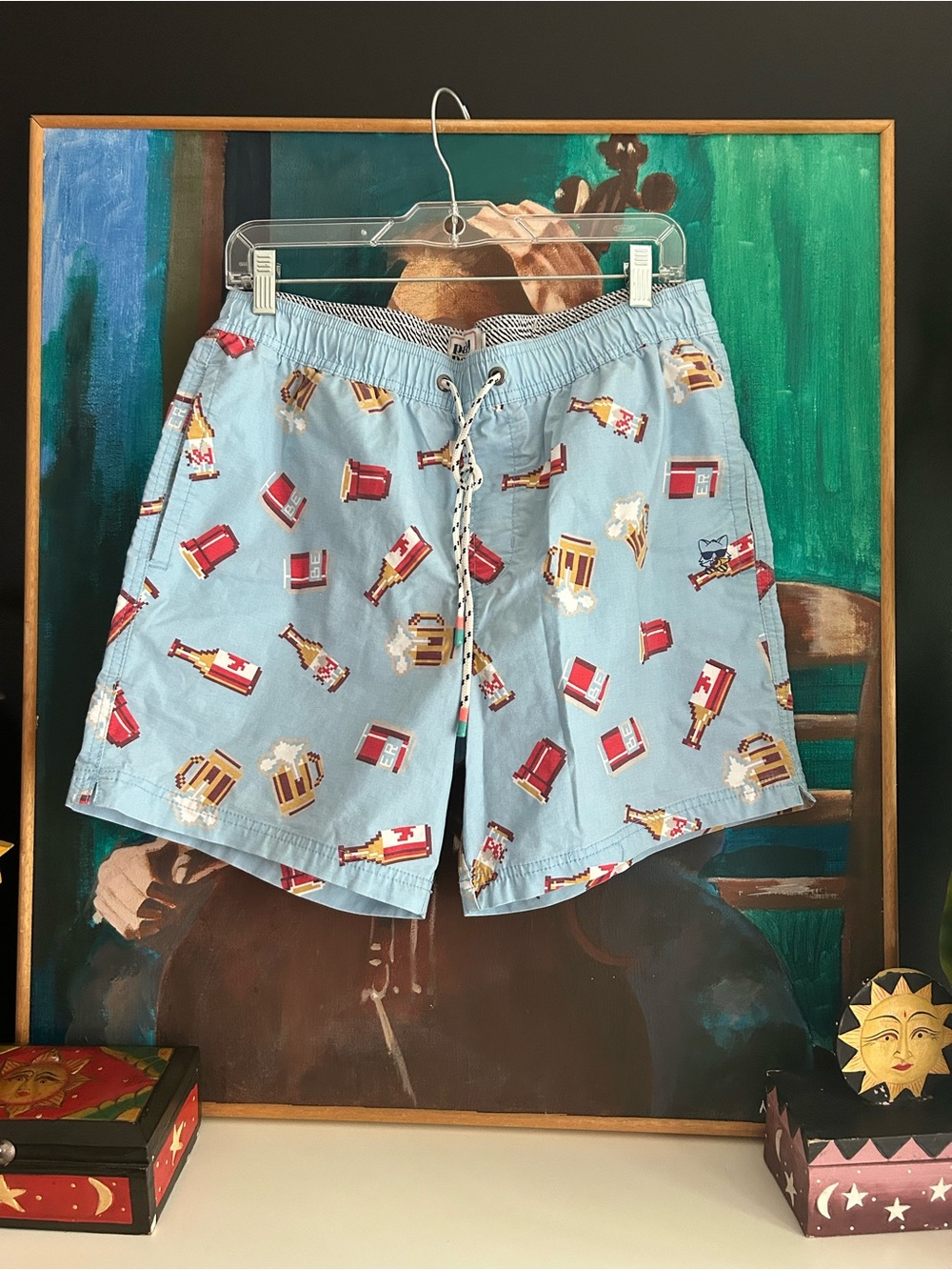 Party Pants Men’s Medium Blue Beer Print Swim Trunks Board Shorts Novelty